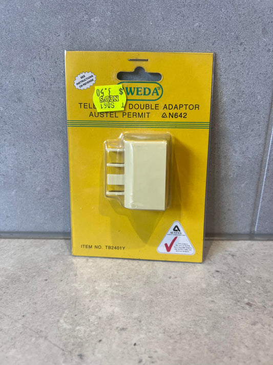 Front view of Sweda Telephone Double Adaptor in retail packaging