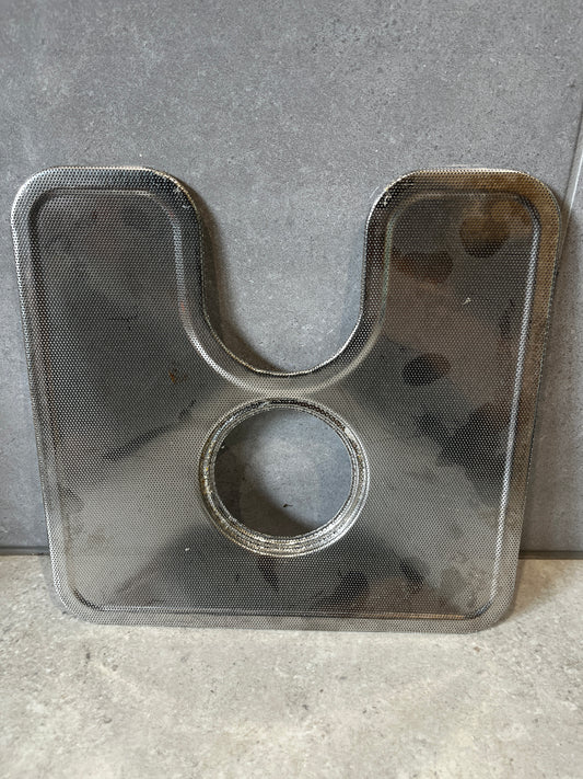 Stainless steel gas stove burner protector with central circular cutout and U-shaped design