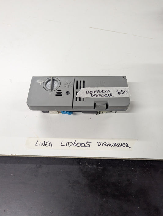 Linea LID6005 dishwasher detergent dispenser in gray plastic with dial and labeled detergent compartment