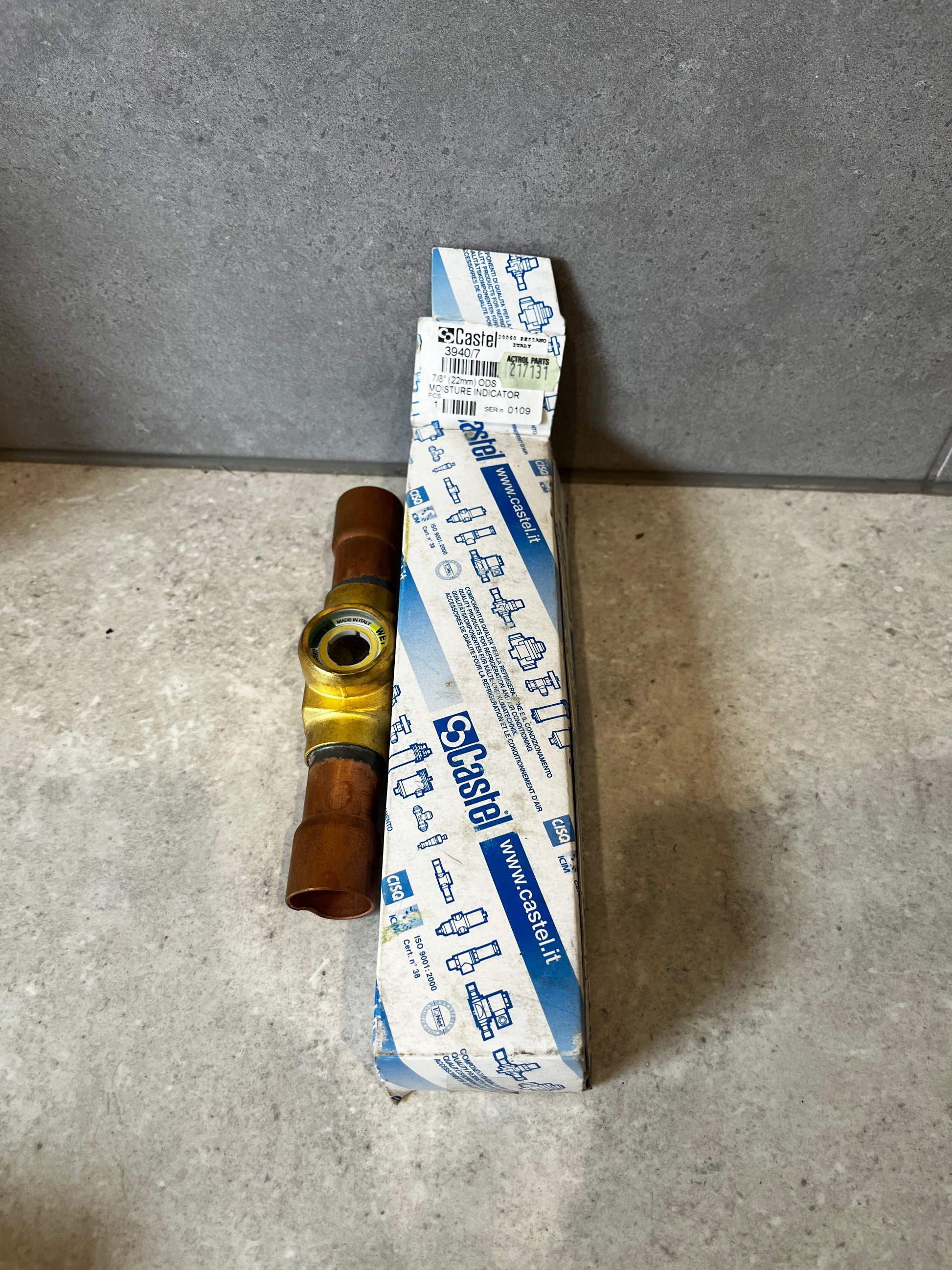 Castel brass and copper moisture indicator with original packaging
