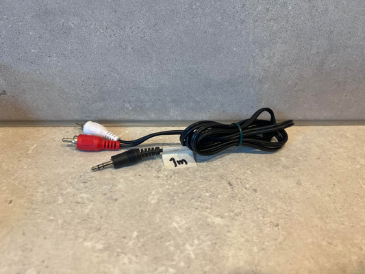 3.5mm male to RCA stereo audio cable adapter with black cable, red and white connectors, 1 meter length
