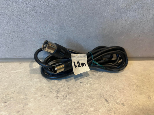 Coiled black DIN male to female cable with 1.2m label on a light background