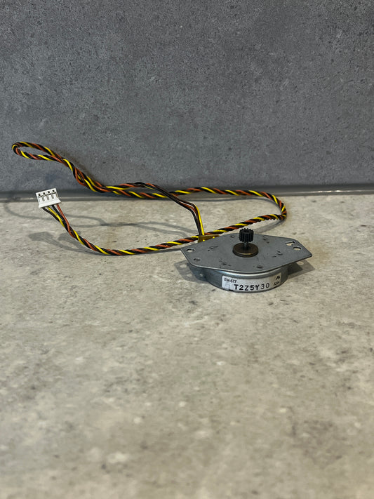 Compact metal stepper motor with twisted multi-color wiring and gear on shaft