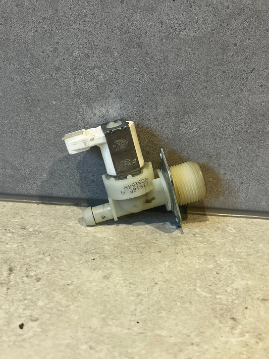 Universal washing machine water inlet valve showing side with threaded connection and mounting bracket