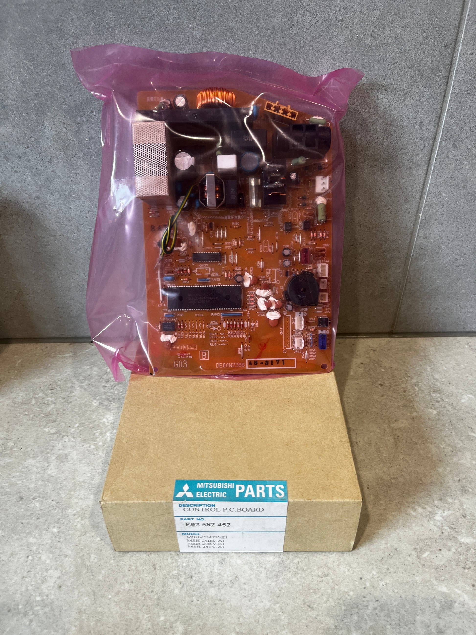 Mitsubishi Electric Control PC Board E02582452 in anti-static packaging on product box