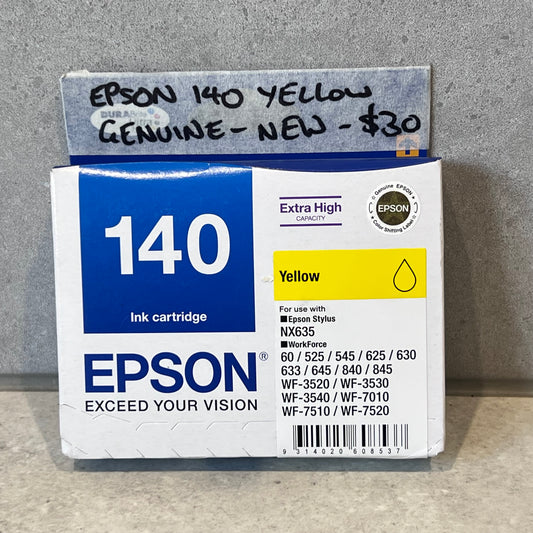 Front box view of Epson 140 Yellow Ink Cartridge for Stylus NX635 and WorkForce printers
