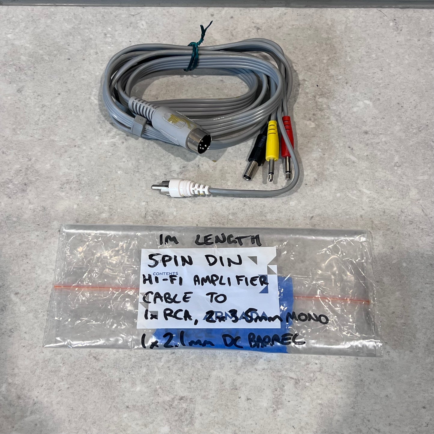 1 meter 5 pin DIN to RCA, mono 3.5mm, and DC barrel Hi-Fi amplifier cable set with label