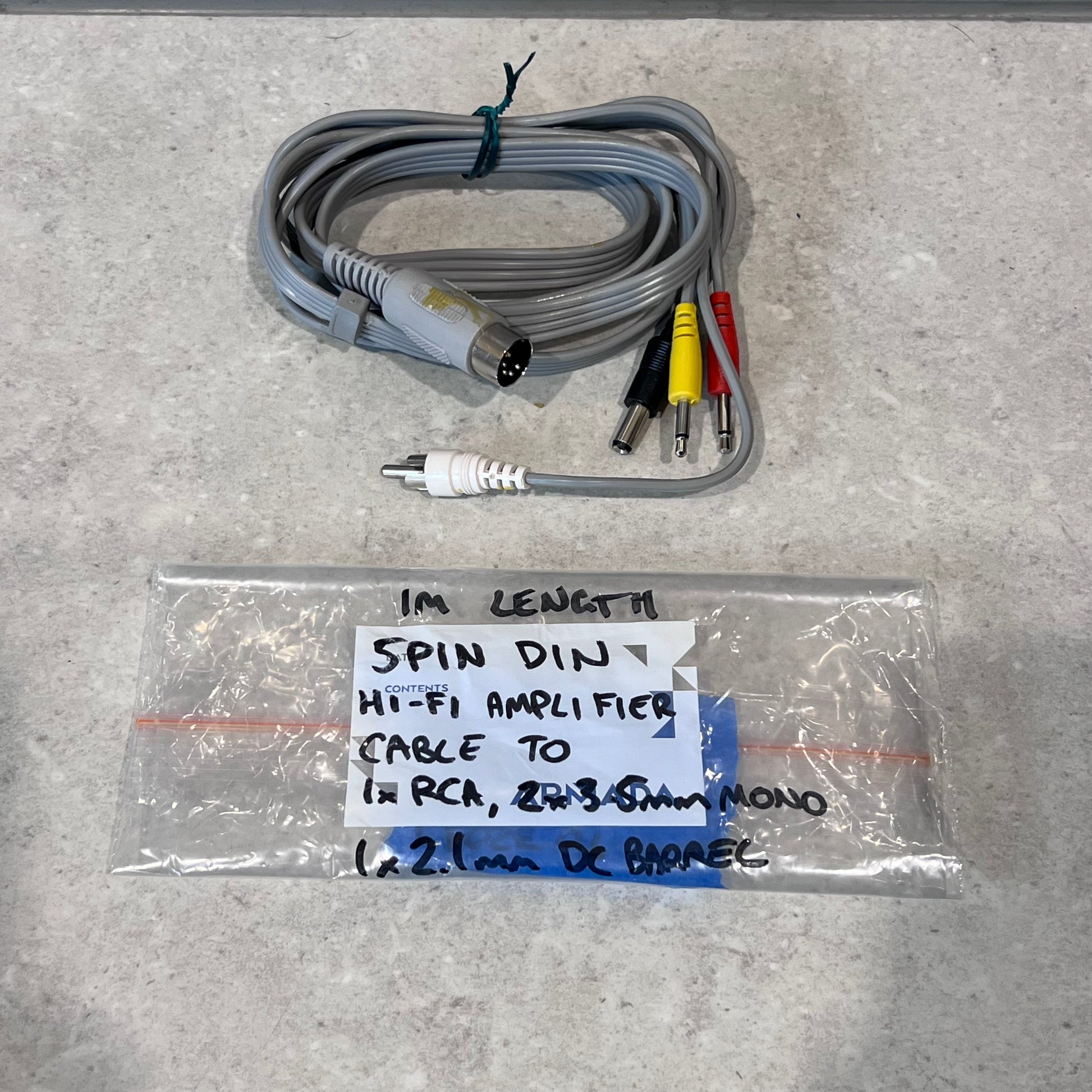 1 meter 5 pin DIN to RCA, mono 3.5mm, and DC barrel Hi-Fi amplifier cable set with label