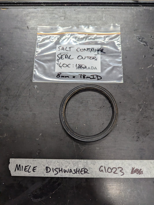 Black rubber outer seal for Miele G1023 dishwasher salt container, labeled bag and item