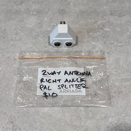 2-way right angle PAL antenna splitter on countertop with labeled bag