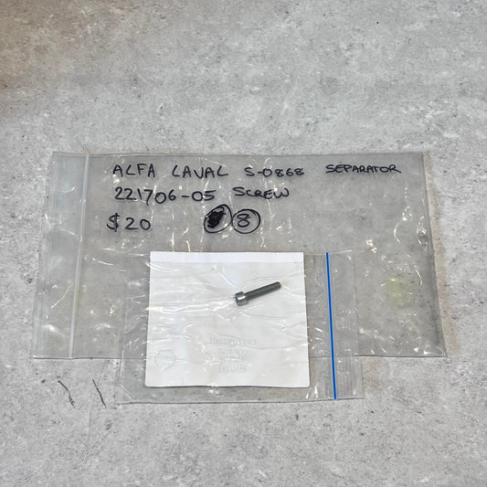Alfa Laval S0868 Separator screw 221706-05 in clear packaging on a gray surface
