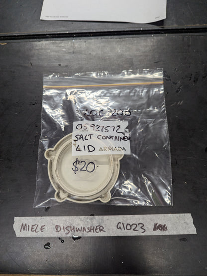 Salt container lid for Miele G1023 dishwasher inside labeled plastic bag