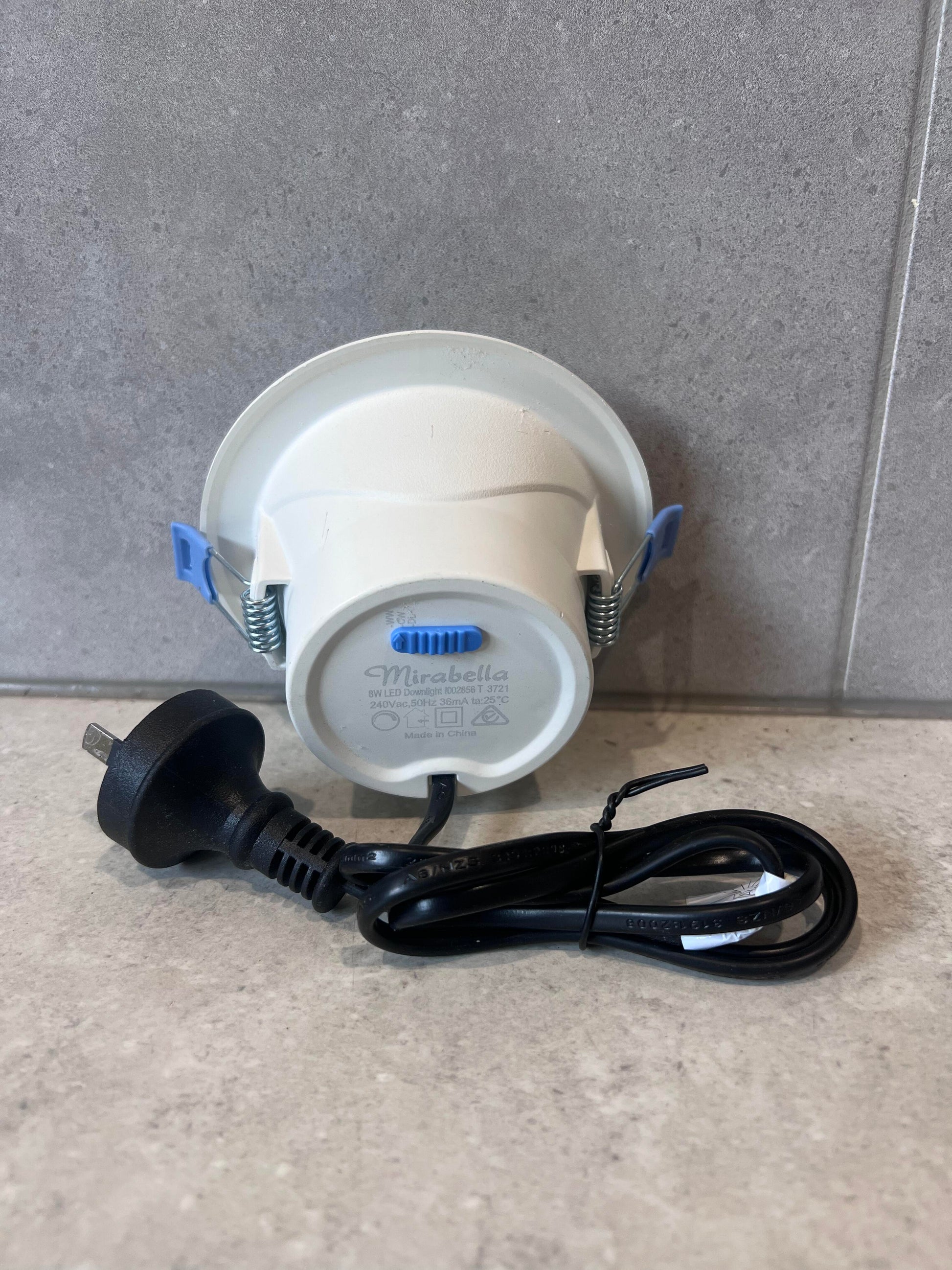 Rear view of Mirabella LED downlight with cable and plug