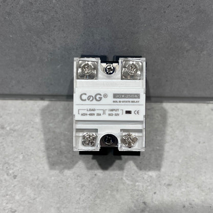 CoG JQX-25DA solid state relay close-up showing terminals and specifications
