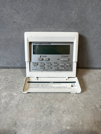 Front view of Mitsubishi Electric PAR-21MAA HVAC remote controller with display and buttons