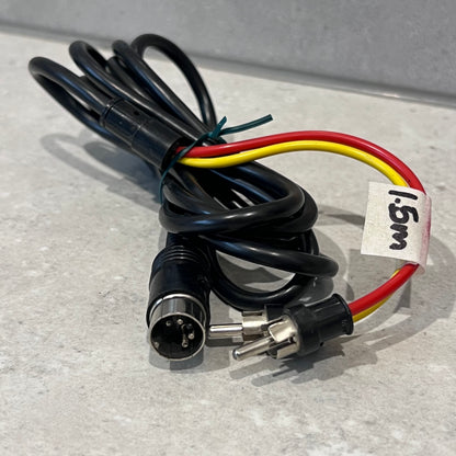 Close up of 5 Pin DIN to 2 RCA cable showing connectors and 1.5m label