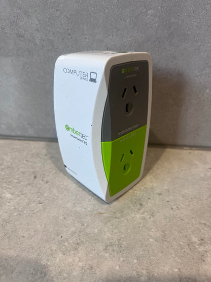 Front view of Embertec PC series power saver plug showing outlets