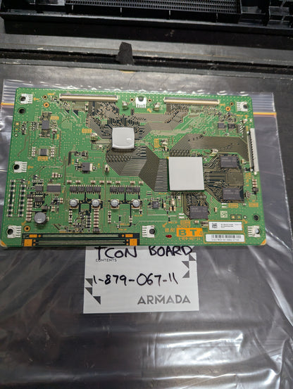 Close-up of Sony TCON board 1-879-067-11 for Bravia 32-inch KDL-32W5500 on anti-static packaging