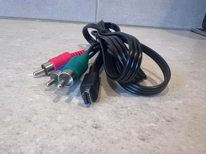 AV RCA to mini USB cable showing three color-coded connectors and a mini USB end on a countertop