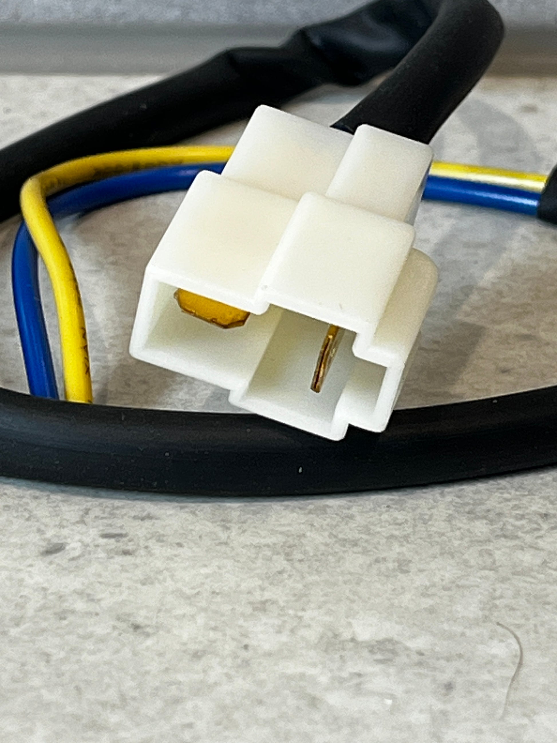 Close-up of white two-pin connector with yellow and blue insulated wires