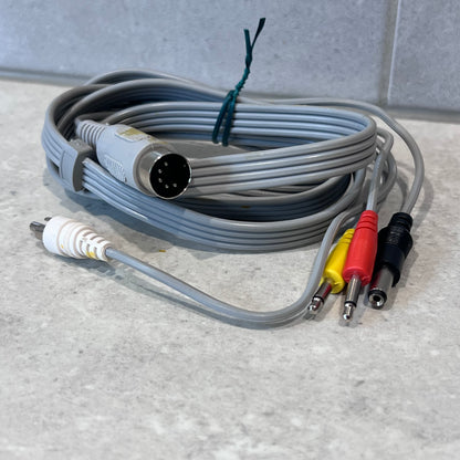 Close-up of 5 pin DIN Hi-Fi amplifier cable set with RCA, mono 3.5mm, and DC barrel connectors