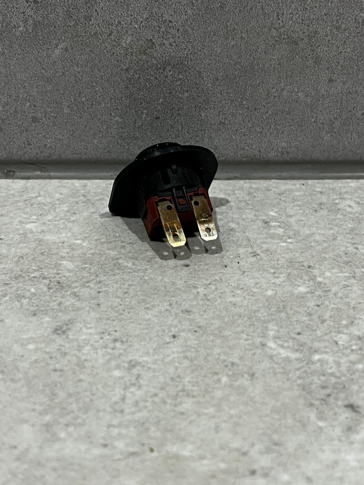 Rear view of round rocker switch showing two metal prongs