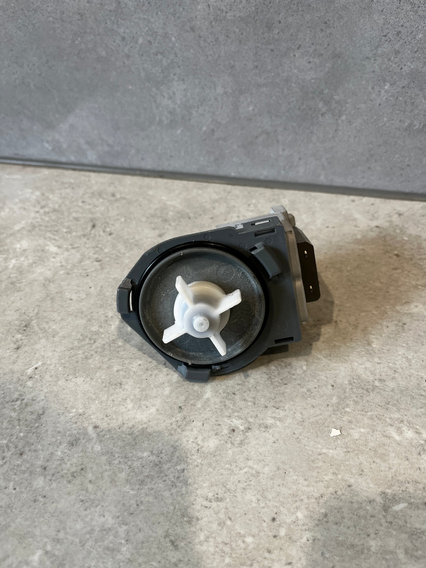 Impeller side view of washing machine drain pump motor replacement showing propeller detail