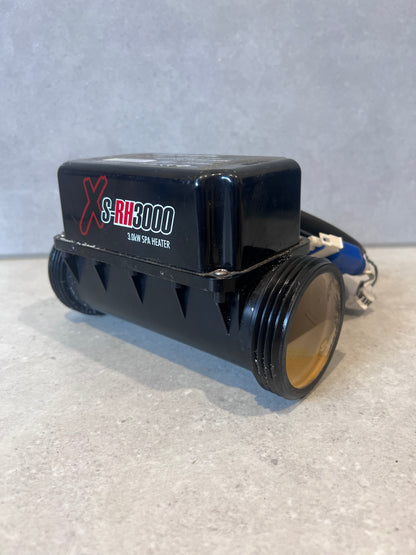 Side view of XS-RH3000 3.0kW spa heater showing product branding and connections