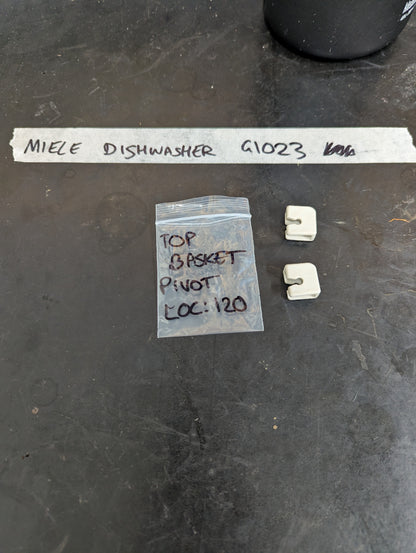 Two Miele dishwasher basket pivot clips with labeled bag for G1023 model