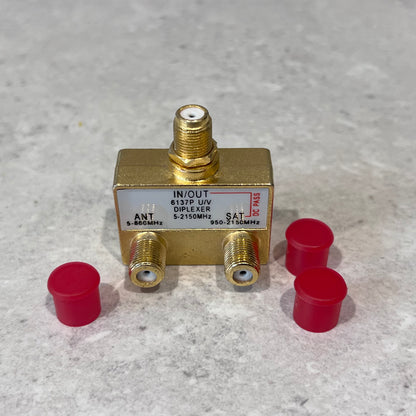 Close-up of F Type SAT Antenna Diplexer with three red protective caps removed