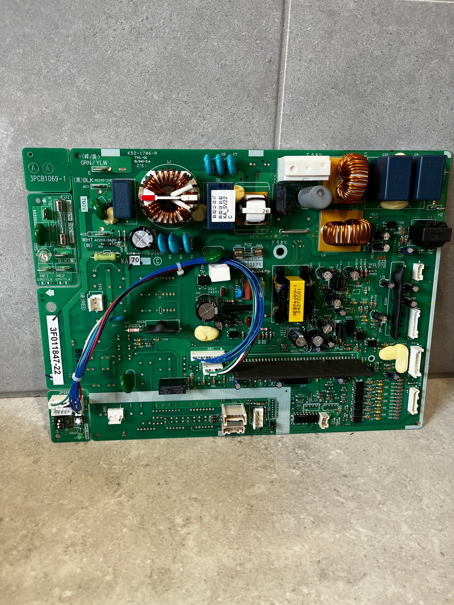 Front view of assembled printed circuit board with components