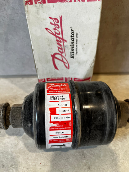 Close-up of Danfoss Eliminator Liquid Line Filter Drier model DML 165