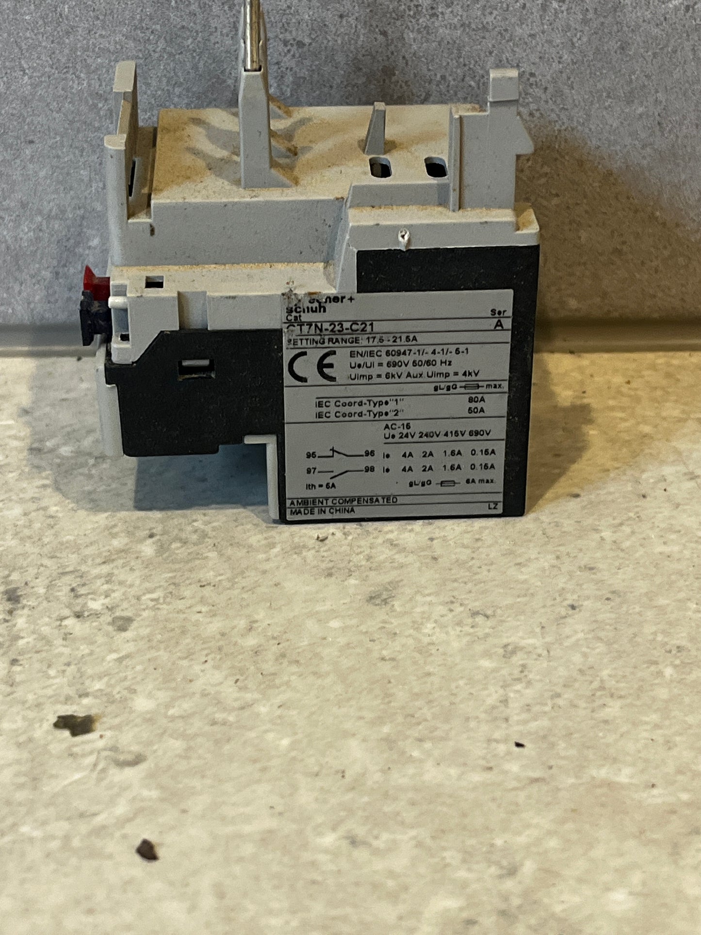 Rear view of Sprecher+Schuh CT7N thermal overload relay with technical specifications label