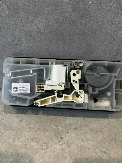 Back view of dishwasher detergent dispenser assembly showing internal components