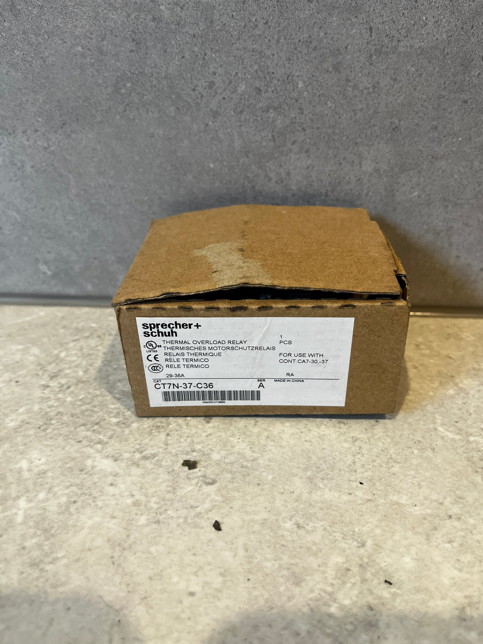 Closed box labeled Sprecher+Schuh CT7N-37-C36 thermal overload relay packaging