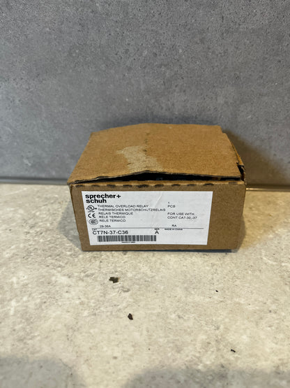 Closed box labeled Sprecher+Schuh CT7N-37-C36 thermal overload relay packaging