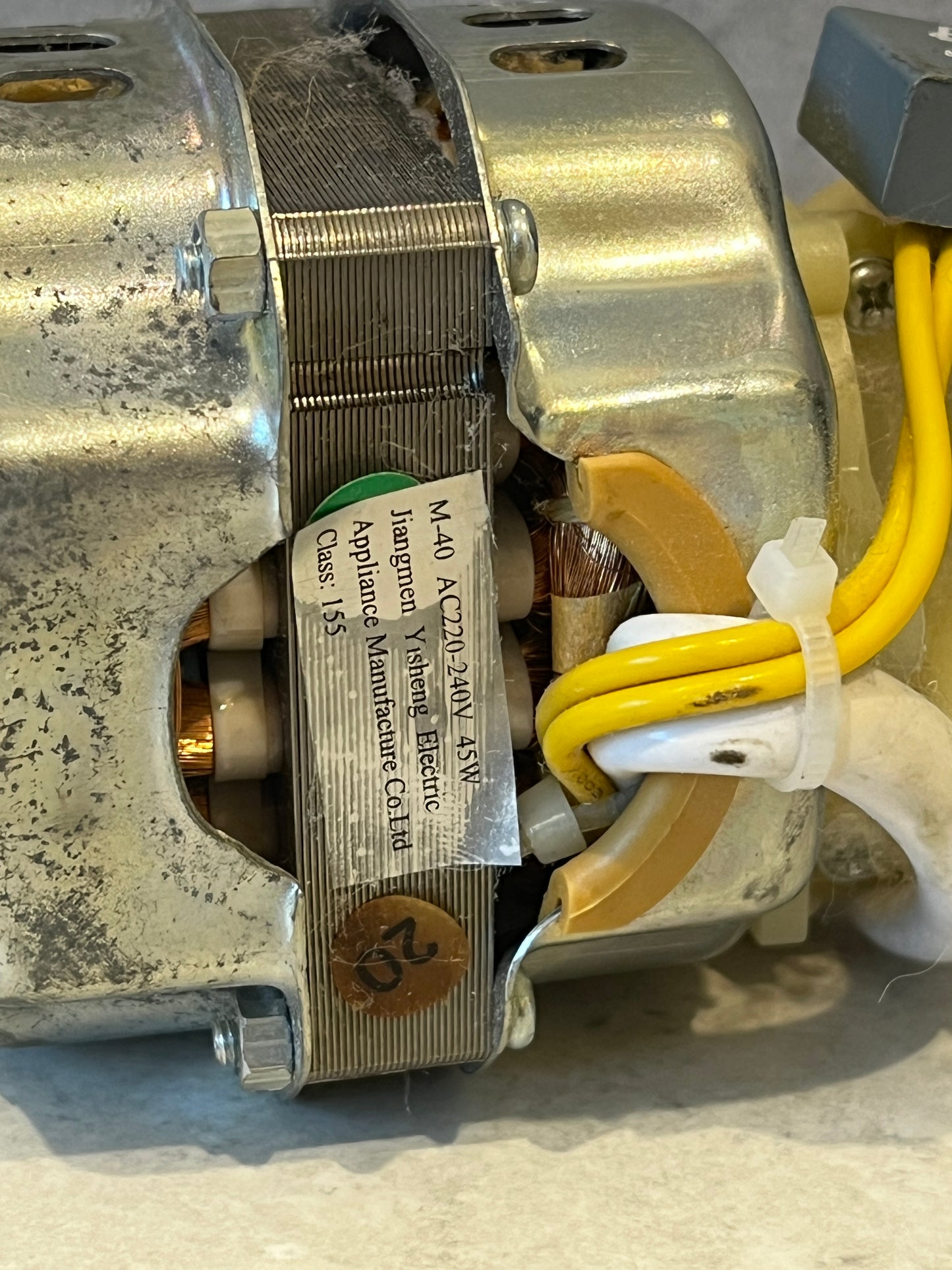Close-up of motor label showing voltage and manufacturer details
