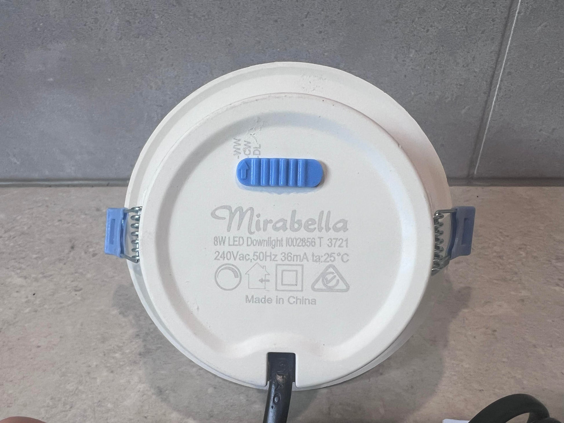 Closeup label of Mirabella 8W LED Downlight specifications
