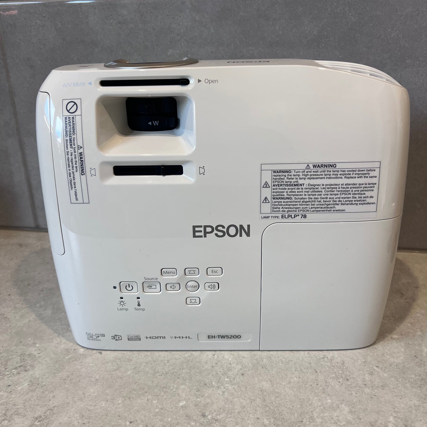 Top view of Epson EH-TW5200 projector showing lens and control buttons