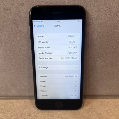 Front screen showing iPhone 8 system information with model details