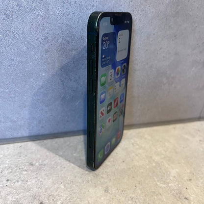 Closer angled front view of iPhone 13 Mini on stone surface