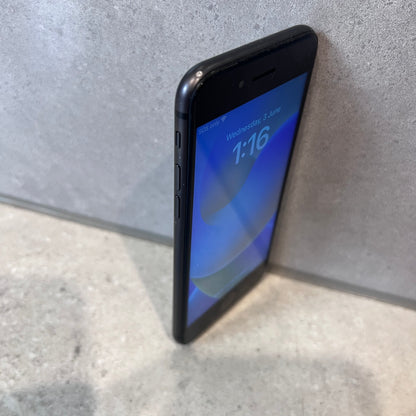 Angled side view of iPhone 8 black showing front screen and buttons