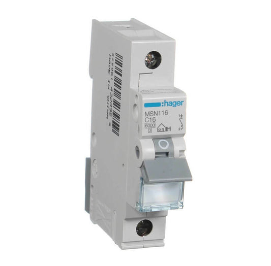 Hager Electrical HAGER MSN116 | 16Amp Single Pole 6kA C-Curve Circuit Breaker